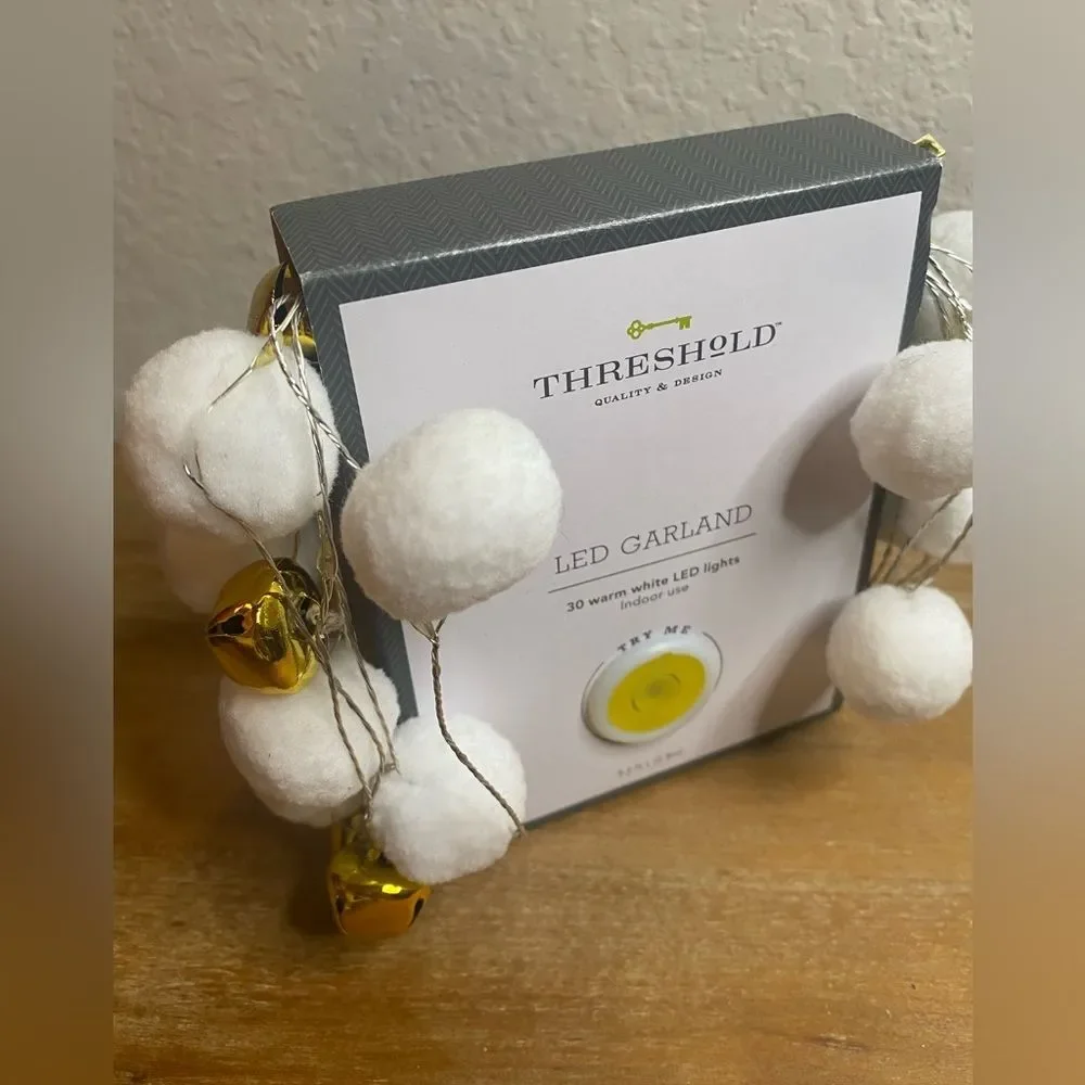 New Led Lights Garland White Cotton Gold Jingle Bells 9.2 ft Farmhouse